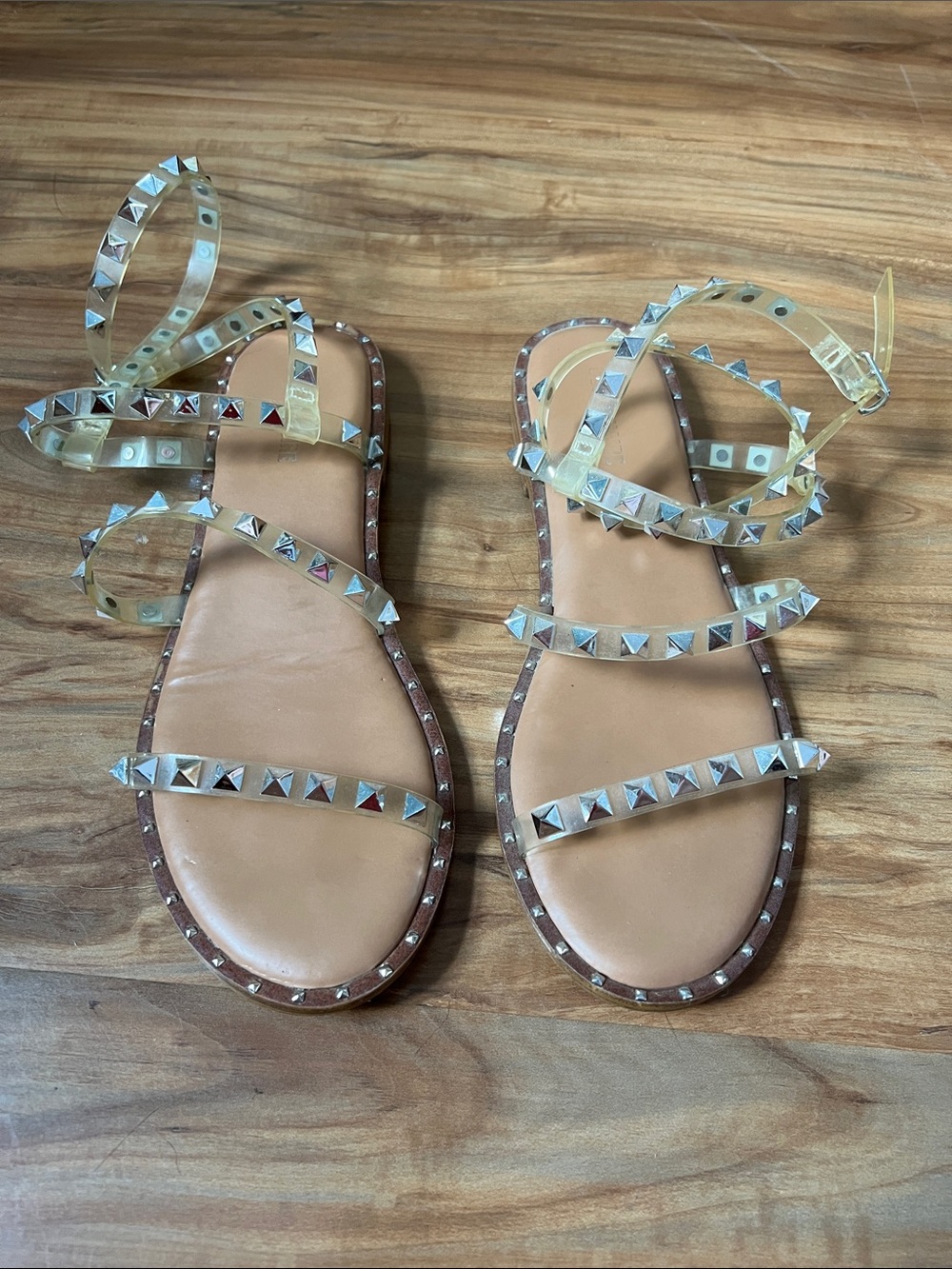 Pyramid Stud Clear-Strap Sandals in Nude